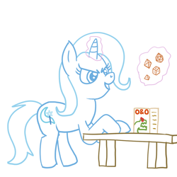 Size: 1024x1024 | Tagged: safe, artist:solarfm, character:trixie, species:pony, species:unicorn, d20, d4, d6, d8, dice, dungeons and dragons, female, glowing horn, hooves on the table, magic, magic aura, mare, ogres and oubliettes, simple background, solo, table, tabletop gaming, telekinesis, white background