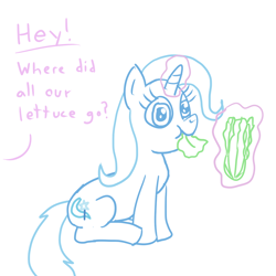 Size: 1024x1024 | Tagged: safe, artist:solarfm, character:trixie, species:pony, species:unicorn, cute, dialogue, diatrixes, eating, female, food, glowing horn, implied starlight glimmer, inconvenient trixie, lettuce, levitation, magic, mare, offscreen character, simple background, sitting, solo, telekinesis, white background