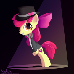 Size: 1500x1500 | Tagged: safe, artist:songbirdserenade, character:apple bloom, bipedal, bow, clothing, cutie mark, fedora, hair bow, hat, michael jackson, smooth criminal, spotlight, the cmc's cutie marks