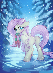 Size: 693x953 | Tagged: safe, alternate version, artist:imanika, character:fluttershy, species:pegasus, species:pony, butt, cute, ear fluff, female, flutterbutt, looking at you, looking back, mare, pine tree, plot, shyabetes, snow, snowfall, solo, tree, wreath