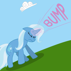 Size: 1280x1280 | Tagged: safe, artist:solarfm, character:trixie, species:pony, species:unicorn, blue background, bump, cloud, eyes closed, female, floppy ears, frown, glowing horn, magic, mare, reaction image, simple background, sky, solo, text, wat