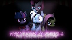 Size: 3840x2160 | Tagged: safe, artist:jollyoldcinema, character:fluttershy, character:pinkie pie, character:twilight sparkle, oc, oc:blacklightsorane, 3d, animated in description, five nights at freddy's, five nights at pinkie's, source filmmaker, video
