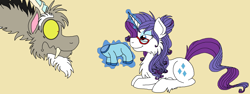 Size: 3104x1168 | Tagged: safe, artist:rosefang16, character:discord, character:rarity, species:pony, ship:raricord, female, glasses, magic, male, onesie, prone, shipping, simple background, straight, tan background