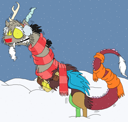 Size: 2688x2568 | Tagged: safe, artist:rosefang16, character:discord, clothing, male, scarf, shivering, snow, solo, winter