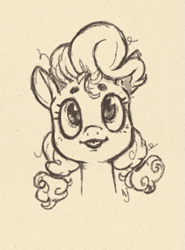 Size: 609x823 | Tagged: safe, artist:skrapbox, character:pinkie pie, species:earth pony, species:pony, alternate hairstyle, blep, bust, cute, diapinkes, eyebrows, female, looking at you, mare, monochrome, pigtails, portrait, simple background, sketch, solo, tongue out, traditional art, white background