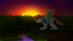Size: 6400x3600 | Tagged: safe, artist:theravencriss, character:rainbow dash, species:pegasus, species:pony, cliff, female, forest, mare, multicolored hair, river, solo, sunset, tree