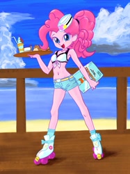 Size: 774x1033 | Tagged: safe, artist:xjleiu, character:pinkie pie, episode:coinky-dink world, eqg summertime shorts, g4, my little pony: equestria girls, my little pony:equestria girls, adorasexy, armpits, belly button, bikini, bikini top, breasts, burger, clothing, cup, cute, diapinkes, drink, female, food, french fries, front knot midriff, hamburger, midriff, ocean, open mouth, pixiv, ponytail, roller skates, server pinkie pie, serving tray, sexy, shorts, socks, solo, swimsuit, teacup, tray, waitress