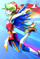 Size: 1377x2039 | Tagged: safe, artist:oberon826, character:rainbow dash, equestria girls:legend of everfree, g4, my little pony: equestria girls, my little pony:equestria girls, armpits, crystal guardian, crystal wings, female, flying, looking at you, pixiv, ponied up, solo, winged shoes, wings