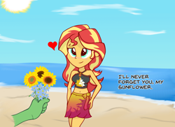 Size: 1650x1203 | Tagged: safe, artist:zharkaer, character:sunset shimmer, oc, oc:anon, species:human, equestria girls:forgotten friendship, g4, my little pony: equestria girls, my little pony:equestria girls, beach, belly button, blushing, bouquet, clothing, cute, dialogue, disembodied hand, female, floating heart, flower, forget-me-not, geode of empathy, hand, hand on hip, heart, holiday, lidded eyes, magical geodes, male, midriff, offscreen character, pov, sarong, shimmerbetes, sunflower, swimsuit, valentine's day