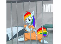 Size: 3446x2461 | Tagged: dead source, safe, artist:neoshrek, character:rainbow dash, bed, bound wings, clothing, cuffs, digital art, female, jail, prison, prison outfit, prisoner, prisoner rd, rope, shackles, solo