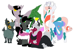 Size: 1906x1282 | Tagged: safe, artist:goatpaste, character:arimaspi, character:discord, character:good king sombra, character:king sombra, character:lord tirek, character:queen chrysalis, species:pony, alternate universe, simple background, transparent background