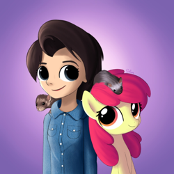 Size: 1500x1500 | Tagged: safe, artist:songbirdserenade, character:apple bloom, species:human, species:pony, duo, female, ferret, filly, michelle creber, voice actor joke