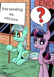 Size: 1158x1637 | Tagged: safe, artist:pony-berserker edits, edit, character:lyra heartstrings, character:twilight sparkle, character:twilight sparkle (alicorn), species:alicorn, species:pony, species:unicorn, confused, cutie mark, dialogue, exploitable meme, female, frown, glare, hoof hold, horn, lyra's sign meme, mare, meme, pictogram, question mark, raised eyebrow, sign, speech bubble, street, text, text edit, window, wings