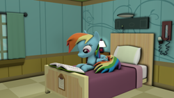 Size: 1920x1080 | Tagged: safe, artist:dracagon, character:rainbow dash, species:pony, 3d, bed, book, female, hospital bed, lamp, mare, phone, pillow, prone, reading, reading rainboom, solo