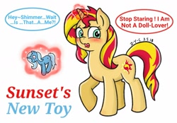 Size: 1429x994 | Tagged: safe, artist:z-y-c, character:sunset shimmer, character:trixie, species:pony, blushing, embarrassed, female, implied lesbian, implied shipping, implied suntrix, levitation, looking at you, magic, mare, plushie, simple background, telekinesis, text, toy, white background