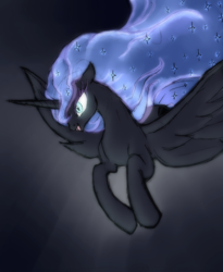 Size: 1082x1318 | Tagged: safe, artist:remains, character:nightmare moon, character:princess luna, species:alicorn, species:pony, female, flying, smiling, solo