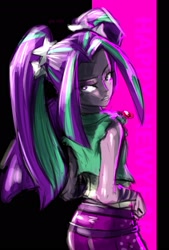 Size: 1377x2039 | Tagged: safe, artist:oberon826, character:aria blaze, my little pony:equestria girls, clothing, female, jewelry, looking at you, looking back, looking back at you, necklace, solo