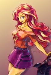 Size: 1377x2039 | Tagged: safe, artist:oberon826, character:sunset shimmer, species:human, g4, my little pony: equestria girls, my little pony:equestria girls, clothing, female, jacket, jewelry, leather jacket, looking at you, necklace, shirt, skirt, smiling, smirk, windswept mane