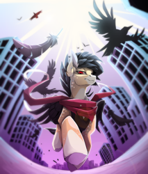 Size: 2553x3000 | Tagged: safe, artist:taiga-blackfield, oc, oc:blackfeather, species:bird, species:crow, species:pegasus, species:pony, building, city, clothing, looking at you, looking down, red eyes, scarf, solo