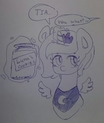 Size: 1836x2152 | Tagged: safe, artist:c0pter, character:princess luna, cookie, cookie jar, crying, female, filly, food, implied princess celestia, traditional art, woona, younger