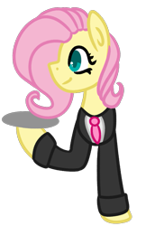 Size: 727x1125 | Tagged: safe, artist:azure-quill, character:fluttershy, species:pony, clothing, female, simple background, solo, suit, transparent background, tray, waiter