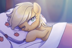 Size: 1059x706 | Tagged: safe, artist:xp_r6, character:applejack, species:earth pony, species:pony, bed, blanket, cute, female, in bed, jackabetes, looking at you, mare, one eye closed, pillow, smiling, solo