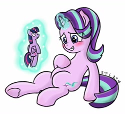 Size: 1439x1305 | Tagged: safe, artist:z-y-c, character:starlight glimmer, character:twilight sparkle, character:twilight sparkle (alicorn), species:alicorn, species:pony, species:unicorn, ship:twistarlight, blushing, cute, embarrassed, female, glimmerbetes, glowing horn, lesbian, levitation, magic, mare, plushie, shipping, simple background, smiling, telekinesis, toy, white background