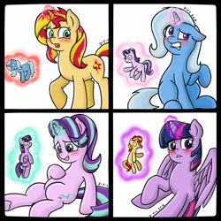 Size: 1000x1000 | Tagged: safe, alternate version, artist:z-y-c, character:starlight glimmer, character:sunset shimmer, character:trixie, character:twilight sparkle, character:twilight sparkle (alicorn), species:alicorn, species:pony, species:unicorn, ship:startrix, ship:sunsetsparkle, ship:suntrix, ship:twistarlight, blushing, counterparts, cute, diatrixes, doll, embarrassed, female, glimmerbetes, lesbian, lip bite, love square, magic, magical quartet, mare, plushie, shimmerbetes, shipping, simple background, telekinesis, toy, twiabetes, twilight's counterparts, white background