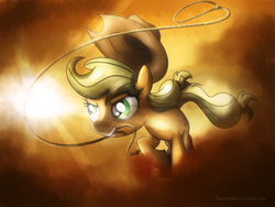 Size: 1024x768 | Tagged: safe, artist:fongsaunder, character:applejack, species:earth pony, species:pony, abstract background, crepuscular rays, female, grin, lasso, mare, mouth hold, rope, running, smiling, solo