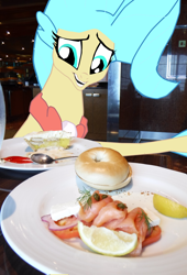Size: 2628x3869 | Tagged: safe, artist:oceanrailroader, character:princess skystar, species:seapony (g4), my little pony: the movie (2017), bagel, bread, cream cheese, food, irl, lox, photo, ponies in real life