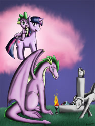 Size: 700x933 | Tagged: safe, artist:evil-rick, character:spike, character:twilight sparkle, character:twilight sparkle (unicorn), species:dragon, species:pony, species:unicorn, adult, adult spike, dragons riding ponies, fanfic, fanfic art, female, grave, immortality blues, male, mare, older, older spike, riding, winged spike