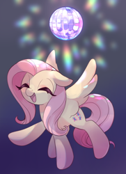 Size: 724x1000 | Tagged: safe, artist:lemonheart, character:fluttershy, species:pegasus, species:pony, cute, dancing, disco ball, eyes closed, female, mare, open mouth, shyabetes, smiling, solo