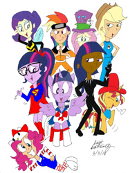 Size: 1024x1362 | Tagged: safe, artist:newportmuse, character:applejack, character:fluttershy, character:pinkie pie, character:rainbow dash, character:rarity, character:sunset shimmer, character:twilight sparkle, character:twilight sparkle (alicorn), character:twilight sparkle (scitwi), oc, oc:twyla sparks, species:alicorn, species:eqg human, species:human, species:pony, black panther, clothing, cosplay, costume, hello kitty, humanized, mad hatter, mane six, naruto, quick draw mcgraw, sailor moon, sanrio, superman, the wonderful wasp