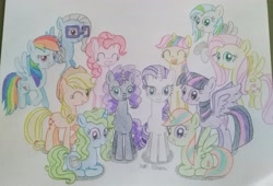 Size: 4018x2738 | Tagged: safe, artist:prinrue, character:applejack, character:fluttershy, character:pinkie pie, character:rainbow dash, character:rarity, character:twilight sparkle, character:twilight sparkle (alicorn), oc, oc:midnight serenade, oc:novella, oc:page turner, oc:silver gears, oc:starshine note, oc:sunshine spark, species:alicorn, species:earth pony, species:pony, species:unicorn, alternate mane six, colored pencil drawing, female, glasses, group, mane six, mare, one eye closed, simple background, spread wings, traditional art, white background, wings, wink