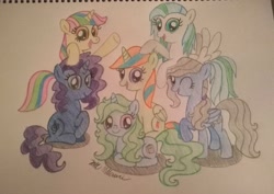 Size: 3891x2760 | Tagged: safe, artist:prinrue, oc, oc only, oc:midnight serenade, oc:novella, oc:page turner, oc:silver gears, oc:starshine note, oc:sunshine spark, species:pegasus, species:pony, species:unicorn, colored pencil drawing, female, group, mare, one eye closed, prone, simple background, traditional art, white background, wink