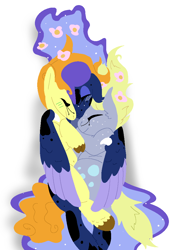 Size: 730x979 | Tagged: safe, artist:goatpaste, character:carrot top, character:derpy hooves, character:golden harvest, character:princess luna, species:alicorn, species:earth pony, species:pegasus, species:pony, ship:derpytop, ship:lunaderp, crack shipping, eyes closed, female, flower, flower in hair, hug, lesbian, lunatop, mare, polyamory, shipping, smiling, winghug