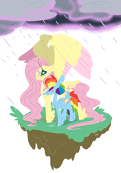 Size: 1155x1644 | Tagged: safe, artist:goatpaste, character:fluttershy, character:rainbow dash, ship:flutterdash, blushing, colored wings, female, floating island, heart eyes, lesbian, rain, shipping, tail feathers, wing umbrella, wingding eyes