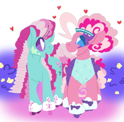 Size: 828x812 | Tagged: safe, artist:goatpaste, character:minty, character:pinkie pie, species:earth pony, species:pony, g3, clothing, female, heart eyes, lesbian, mare, mintypie, open mouth, shipping, simple background, smiling, transparent background, wingding eyes