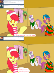 Size: 1280x1706 | Tagged: safe, artist:tails-doll-lover, character:apple bloom, character:scootaloo, character:sweetie belle, species:pegasus, species:pony, ask, cloak, clothing, cutie mark crusaders, hat, scarf, teenage crusaders answers, teenager, tumblr, wreath
