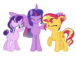 Size: 1560x1200 | Tagged: safe, artist:flipwix, character:starlight glimmer, character:sunset shimmer, character:twilight sparkle, character:twilight sparkle (alicorn), species:alicorn, species:pony, species:unicorn, ship:shimmerglimmer, ship:sunsetsparkle, ship:twistarlight, alicornified, alternate hairstyle, counterparts, digital art, ethereal mane, eyes closed, female, galaxy mane, hair bun, lesbian, mare, older, older twilight, ot3, race swap, shimmercorn, shipping, simple background, smiling, spread wings, tail bun, transparent background, twilight's counterparts, twishimmerglimmer, ultimate twilight, wings