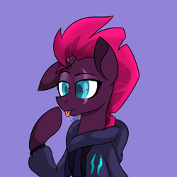 Size: 1000x1000 | Tagged: safe, artist:vale-bandicoot96, character:tempest shadow, my little pony: the movie (2017), blep, broken horn, clothing, drool, drool string, eye scar, female, hoodie, purple background, raised hoof, scar, silly, simple background, solo, tongue out