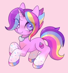 Size: 546x591 | Tagged: safe, artist:lemonheart, oc, species:pony, species:unicorn, cute, female, hair over one eye, jewelry, looking at you, mare, necklace, ocbetes, pink background, rainbow hair, rainbow tail, simple background, smiling, solo, sparkles