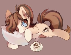 Size: 690x536 | Tagged: safe, artist:lemonheart, oc, oc only, species:earth pony, species:pony, coffee, cream art, female, heart, looking at you, lying down, mare, one eye closed, pillow, simple background, solo
