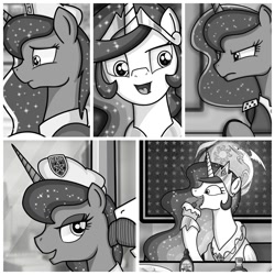 Size: 1500x1500 | Tagged: safe, artist:z-y-c, character:princess celestia, character:princess luna, card, comic, crown, jewelry, looking at you, monochrome, regalia