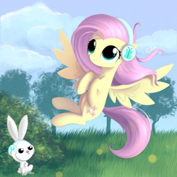 Size: 1000x1000 | Tagged: safe, artist:songbirdserenade, character:angel bunny, character:fluttershy, species:pegasus, species:pony, cute, duo, female, flying, headphones, male, mare, outdoors, shyabetes, signature, smiling, spread wings, wings