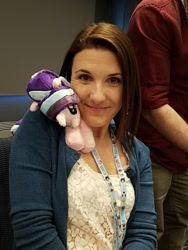Size: 1080x1440 | Tagged: safe, artist:kazzysart, character:starlight glimmer, species:human, species:pony, species:unicorn, babscon, cute, female, glimmerbetes, irl, irl human, kelly sheridan, looking at you, mare, photo, plushie, smiling, voice actor