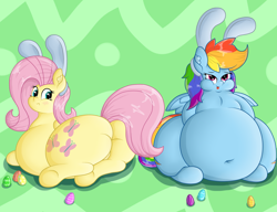 Size: 2150x1654 | Tagged: safe, artist:dullpoint, character:fluttershy, character:rainbow dash, species:pony, adorafatty, belly, big belly, bunny ears, bunnyshy, chubby cheeks, cute, dashabetes, duo, easter, easter bunny, easter egg, fat, fattershy, female, holiday, huge butt, large butt, mare, obese, rainblob dash, shyabetes, tongue out