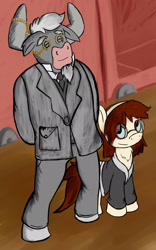 Size: 1277x2048 | Tagged: safe, artist:greenfinger, oc, oc only, oc:gadgette fabienne giroux, species:earth pony, species:minotaur, species:pony, fanfic:the iron horse: everything's better with robots, business suit, clothing, earth pony oc, fanfic, fanfic art, glasses, headband, looking up, necktie