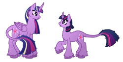 Size: 2315x1163 | Tagged: safe, artist:flipwix, character:twilight sparkle, character:twilight sparkle (alicorn), character:twilight sparkle (unicorn), species:alicorn, species:classical unicorn, species:pony, species:unicorn, alternate hairstyle, cheek fluff, chest fluff, curved horn, digital art, ear fluff, ethereal mane, eye contact, female, fluffy, galaxy mane, leg fluff, leonine tail, looking at each other, mare, neck fluff, older, older twilight, open mouth, ponidox, rainbow power, raised hoof, self ponidox, simple background, smiling, starry eyes, surprised, this will end in timeline distortion, time paradox, transparent background, ultimate twilight, unshorn fetlocks, wingding eyes