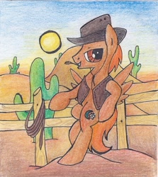 Size: 538x604 | Tagged: safe, artist:pony-paint, oc, oc only, oc:calamity, species:pegasus, species:pony, fallout equestria, bipedal, bipedal leaning, cactus, clothing, cutie mark, desert, fence, hat, leaning, male, solo, stallion, vest, wrong cutie mark